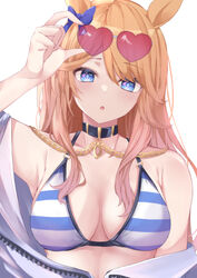  animal_ears arm_up bad_id bad_pixiv_id bare_shoulders bikini black_choker blonde_hair blue_bow blue_eyes bow breasts chains choker commentary_request eyewear_on_head female gold_city_(umamusume) hairbow heart heart-shaped_eyewear heart_in_eye highres hojiro_same horse_ears jacket large_breasts long_hair looking_at_viewer off_shoulder parted_lips partial_commentary simple_background solo striped_bikini striped_clothes sunglasses swimsuit symbol_in_eye umamusume upper_body white_background 