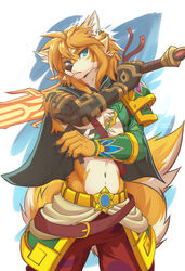  2023 absurd_res alternate_species anthro blue_eyes bottomwear canid canine canis claws clothing digital_media_(artwork) fantasy finger_claws fingers fur hi_res link male mammal melee_weapon nintendo pants potatokamaos rauru&#039;s_arm solo sword tears_of_the_kingdom the_legend_of_zelda topwear weapon wolf 