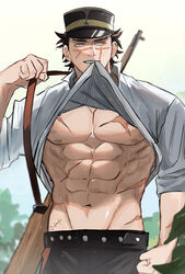  1boy abs bad_id bad_pixiv_id bara bare_pectorals brown_eyes brown_hair clothes_in_mouth clothes_lift collared_shirt cowboy_shot golden_kamuy gun gun_on_back hat highres kepi lifting_own_clothes male_focus military_hat mouth_hold muscular muscular_male nipples pectorals rifle scar scar_on_cheek scar_on_chest scar_on_face scar_on_mouth scar_on_nose shirt shirt_in_mouth shirt_lift short_hair sideburns sleeves_rolled_up smile solo spiked_hair sugimoto_saichi ton_(ton19130318) underpec weapon weapon_on_back 