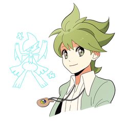  1boy cardigan closed_mouth collared_shirt commentary_request gallade green_cardigan green_hair grey_eyes jaho jewelry looking_at_viewer male_focus mega_gallade mega_pokemon necklace pokemon pokemon_oras shirt short_hair smile upper_body wally_(pokemon) white_background white_shirt 