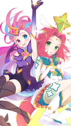  2girls :d :o absurdres arm_up armlet armpits bare_shoulders black_gloves black_shorts blue_eyes blue_hair bodypaint boots brown_legwear circlet commentary_request dress elbow_gloves forehead frills gloves green_eyes harrybeace heterochromia highres knee_boots league_of_legends long_hair looking_at_viewer magical_girl multicolored_hair multiple_girls neeko_(league_of_legends) open_mouth pink_eyes pink_hair round_teeth shorts sleeveless sleeveless_dress smile star_(symbol) star_guardian_(league_of_legends) star_guardian_neeko star_guardian_zoe streaked_hair teeth thighhighs upper_body v very_long_hair white_background white_dress white_footwear white_gloves zoe_(league_of_legends) 