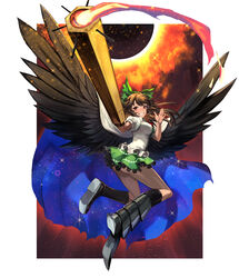  absurdres ahoge arm_cannon arm_up armored_boots asymmetrical_footwear bird_wings black_footwear black_socks black_wings boots bow breasts brown_hair cape commentary_request control_rod feathered_wings female fire frilled_skirt frills full_body green_bow green_skirt grin hairbow highres large_breasts long_hair looking_at_viewer miniskirt mismatched_footwear open_mouth outside_border ponytail puffy_short_sleeves puffy_sleeves red_eyes red_hair reiuji_utsuho shirt shoes short_sleeves single_shoe skirt smile socks solo sparkle starry_sky_print teeth teo_(telo_ruka) thighhighs thighs third_eye touhou weapon white_cape white_shirt wings 