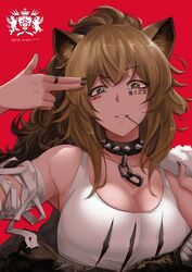  absurdres animal_ear_fluff animal_ears arknights bandaged_arm bandages bang_telex black_nails breasts brown_hair chains choker female finger_gun finger_gun_to_head fur_trim head_tilt highres in_mouth jacket kingdom_of_victoria_logo large_breasts lion_ears lion_girl looking_at_viewer off_shoulder parted_lips red_background siege_(arknights) solo spiked_choker spikes 