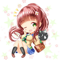  ;d anko_(gochiusa) bag black_socks blue_sailor_collar blue_skirt blush breasts brown_cardigan brown_footwear brown_hair cardigan chibi clockwork_rabbit commentary_request female floral_background flower full_body gochuumon_wa_usagi_desu_ka? green_eyes hair_flower hair_ornament knees_together_feet_apart large_breasts long_hair long_sleeves necktie one_eye_closed open_mouth pigeon-toed pleated_skirt ponytail robot sailor_collar school_uniform serafuku shoes shoulder_bag skindentation skirt smile socks solo star_(symbol) starry_background striped striped_necktie ujimatsu_chiya very_long_hair white_background white_flower xenon_(for_achieve) 