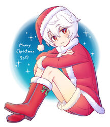  1boy 2017 :t boots christmas commentary_request dated english_text full_body hair_between_eyes hat hugging_own_legs kuga_yuuma looking_at_viewer male_focus merry_christmas red_eyes red_footwear roromo santa_costume santa_hat short_shorts shorts sitting solo white_hair world_trigger 