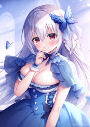  animal blue_butterfly blue_capelet blue_dress blurry blurry_background blush breasts bug butterfly butterfly_hair_ornament capelet cleavage commentary depth_of_field dress female frilled_dress frills grey_hair hair_between_eyes hair_ornament hand_up kyuketsuki-chan_(mitsuba_choco) long_hair looking_at_viewer medium_breasts mitsuba_choco oerba_yun_fang original parted_lips red_eyes solo symbol-only_commentary twitter_username very_long_hair window wrist_cuffs 