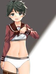  black_eyes black_hair bra breasts brown_serafuku brown_shorts clothes_lift clothes_pull female highres kantai_collection lifting_own_clothes long_sleeves makiyuki mogami_(kancolle) navel panties school_uniform serafuku shirt_lift short_hair shorts shorts_pull small_breasts solo swept_bangs underwear white_bra white_panties 