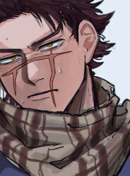  1boy bad_id bad_pixiv_id brown_eyes brown_hair golden_kamuy highres looking_at_viewer male_focus no_headwear portrait scar scar_on_cheek scar_on_face scar_on_mouth scar_on_nose scarf serious short_hair sideburns solo spiked_hair sugimoto_saichi ton_(ton19130318) unfinished wet wet_hair 