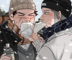  2boys alternate_costume bad_id bad_pixiv_id baozi beanie blush bottle brown_eyes brown_hair casual eating feeding food golden_kamuy grey_hair hat highres kepi long_sideburns male_focus military_hat mouth_hold multiple_boys nipples scar scar_on_cheek scar_on_face scar_on_mouth scar_on_nose scarf shiraishi_yoshitake short_hair sideburns snowing spiked_hair sugimoto_saichi ton_(ton19130318) upper_body winter_clothes yaoi 