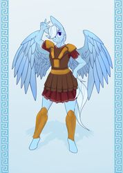  absurd_res anthro armor blue_body blue_feathers blue_fur chapaevv clothed clothing digital_media_(artwork) equid equine fan_character feathered_wings feathers fur greek greek_armor hair hasbro hi_res looking_at_viewer male mammal my_little_pony mythological_creature mythological_equine mythology pegasus simple_background smile solo standing swift_justice wings 