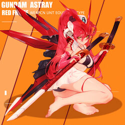  absurdres ass backpack bag barefoot bikini black_bikini breasts bridal_gauntlets character_name commentary dual_wielding english_text engrish_text feet female grandia_lee gundam gundam_astray_red_frame gundam_seed gundam_seed_astray headgear highres holding katana long_hair mecha_musume medium_breasts ponytail ranguage red_hair skirt solo swimsuit sword weapon yellow_eyes 