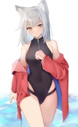  absurdres arknights black_one-piece_swimsuit blush breasts clenched_hand covered_navel cowboy_shot eyes_visible_through_hair female grey_hair groin hand_on_own_chest hand_up highleg highleg_swimsuit highres jacket kotoha_(kotoha65) long_hair long_sleeves medium_breasts off_shoulder official_alternate_costume one-piece_swimsuit open_clothes open_jacket projekt_red_(arknights) projekt_red_(light_breeze)_(arknights) psd_available red_jacket simple_background solo swimsuit wading water white_background yellow_eyes 