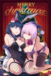  2girls absurdres all_fours animal_ears bikini black_leotard black_thighhighs blue_eyes blue_hair box breasts christmas christmas_ornaments christmas_tree cleavage commentary_request fishnet_thighhighs fishnets garter_straps gift gift_box gridman_universe hair_between_eyes hand_on_another&#039;s_leg hat highres indoors large_breasts leotard long_hair loup medium_breasts merry_christmas multiple_girls parted_lips partial_commentary pink_hair playboy_bunny purple_bikini purple_headwear rabbit_ears red_eyes red_scrunchie santa_hat scrunchie shinjou_akane short_hair ssss.gridman strapless strapless_leotard swimsuit takarada_rikka thigh_grab thighhighs 