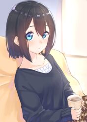  black_hair black_shirt blue_eyes blush collarbone commentary_request cup female hair_between_eyes highres holding holding_cup long_sleeves looking_at_viewer mug original parted_lips shirt sidelocks sitting sleeves_past_wrists solo steam suzunari_shizuku upper_body yuki_arare 