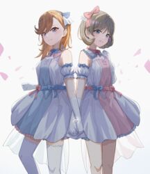  2girls absurdres aftamc blue_bow blue_bowtie blue_dress blue_eyes blue_hairband bow bowtie closed_mouth commentary dress english_commentary falling_petals feet_out_of_frame gloves gradient_background grey_hair hair_ribbon hairband hairbow highres holding_hands looking_at_viewer love_live! love_live!_superstar!! medium_hair multiple_girls orange_hair parted_lips petals pink_bow pink_bowtie pink_dress purple_eyes reverse_palettes ribbon shibuya_kanon short_hair sleeveless sleeveless_dress smile tang_keke thighhighs tiny_stars two-tone_dress white_background white_dress white_gloves white_legwear white_ribbon 