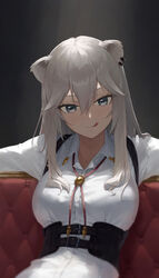  :q absurdres animal_ears black_eyes blush breasts collared_shirt commentary corset couch ear_piercing female grey_hair hair_between_eyes highres hololive large_breasts lion_ears long_hair looking_at_viewer makimaki_makky7 official_alternate_costume official_alternate_hairstyle on_couch piercing shirt shishiro_botan shishiro_botan_(button-down) solo tongue tongue_out upper_body virtual_youtuber white_shirt 