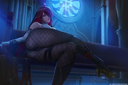  arm_support artist_name ass bare_shoulders boots breasts cameltoe crossed_legs elbow_gloves female fishnets genshin_impact gloves hair_over_one_eye head_tilt high_heel_boots high_heels highres indoors limgae lips looking_at_viewer night nun patreon_username red_eyes red_hair rosaria_(genshin_impact) solo 