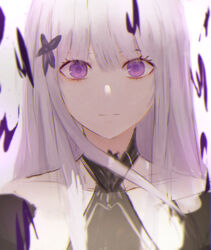  absurdres bell_(pixiv12536604) closed_mouth collarbone female hair_between_eyes hair_ornament highres long_hair looking_at_viewer portrait purple_eyes re:zero_kara_hajimeru_isekai_seikatsu satella_(re:zero) solo straight_hair white_hair 