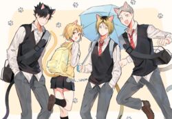  3boys :d animal_ears backpack bad_id bad_pixiv_id bag black_hair black_legwear black_skirt blonde_hair brown_eyes cat_boy cat_ears cat_girl cat_tail female from_behind grey_hair haiba_lev haikyuu!! hand_in_pocket hands_in_pockets holding holding_umbrella joman kozume_kenma kuroo_tetsurou looking_back miniskirt multiple_boys necktie open_mouth pants paw_print paw_print_background paw_print_pattern pleated_skirt school_uniform shirt short_hair skirt smile socks standing standing_on_one_leg sweater_vest tail umbrella white_shirt yachi_hitoka 