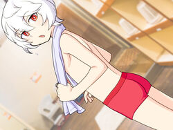  1boy ass boxer_briefs dutch_angle from_behind hair_between_eyes jewelry kuga_yuuma looking_at_viewer looking_back maid male_focus male_underwear open_mouth red_eyes ring roromo solo topless_male towel towel_around_neck underwear white_hair world_trigger 