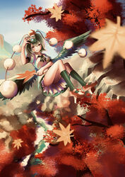  absurdres ass autumn_leaves bird_wings black_hair black_ribbon black_skirt black_socks black_wings blush breasts camera collared_shirt commentary_request day falling_leaves feathered_wings female frilled_skirt frills full_body geta hat hauchiwa highres holding holding_camera kneehighs leaf leaf_print looking_at_viewer medium_breasts neck_ribbon open_mouth pom_pom_(clothes) red_eyes red_footwear red_hat ribbon ribbon-trimmed_skirt ribbon_trim rock shameimaru_aya shirt short_hair short_sleeves simple_background skirt smile socks solo tassel tengu-geta teo_(telo_ruka) tokin_hat touhou tree white_background white_shirt wing_collar wings 