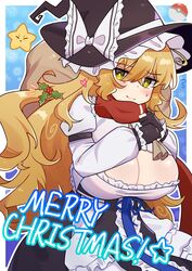  absurdres black_gloves black_skirt blonde_hair blue_ribbon blush bow breasts christmas cleavage cleavage_cutout closed_mouth clothing_cutout commentary_request cookie_(touhou) cowboy_shot female frilled_shirt frills gloves hair_between_eyes hat hat_bow highres holding holding_sack huge_breasts inabahitomi kirisame_marisa long_hair looking_at_viewer mars_(cookie) merry_christmas messy_hair partially_fingerless_gloves poke_ball poke_ball_(basic) pokemon red_scarf rei_no_himo ribbon sack scarf shirt skirt smile solo star_(symbol) suzu_(cookie) touhou very_long_hair white_bow white_shirt witch_hat yellow_eyes 