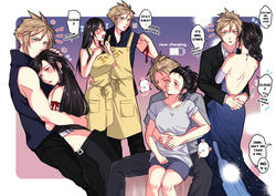  1boy apron arm_ribbon babigonice backless_dress backless_outfit bare_shoulders black_hair blonde_hair blue_dress blue_eyes blush breasts cloud_strife comforting couple detached_sleeves dress earrings english_text female final_fantasy final_fantasy_vii final_fantasy_vii_advent_children formal hand_on_another&#039;s_head high_collar hug hug_from_behind jewelry large_breasts long_hair red_eyes ribbon shirt sitting sleeveless speech_bubble spiked_hair standing straight suit t-shirt tifa_lockhart 