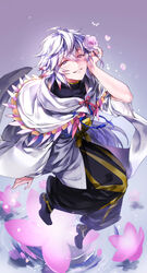  1boy absurdres ahoge bishounen black_pants center_frills fate/grand_order fate_(series) flower flower_knot frills full_body hair_between_eyes hair_ornament highres hood hood_down hooded_robe long_hair long_sleeves looking_at_viewer looking_up male_focus merlin_(fate) multicolored_hair pants petals pink_ribbon purple_background purple_eyes ribbon robe simple_background smile solo tassel turtleneck two-tone_hair very_long_hair white_hair white_robe wide_sleeves wingtemple 