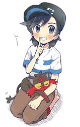  1boy barefoot baseball_cap black_hair black_headwear blush brown_pants commentary_request elio_(pokemon) finger_to_mouth grey_eyes grin hat highres litten looking_at_viewer male_focus medium_hair mikanbako_(aitatadon3) on_lap pants pokemon pokemon_(creature) pokemon_on_lap pokemon_sm shirt short_sleeves shushing sitting sleeping smile striped_clothes striped_shirt swept_bangs t-shirt 