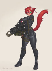  animal_ears armor artist_name breasts cat_ears cat_girl cat_tail commentary commission english_commentary explosive facial_mark female final_fantasy final_fantasy_xiv full_body gatling_gun green_eyes grenade grey_background gun heterochromia highres holding holding_gun holding_weapon minigun miqo&#039;te nonneim oerba_yun_fang open_mouth purple_eyes red_hair red_tail short_hair simple_background slit_pupils small_breasts solo standing tail thigh_strap tongue warrior_of_light_(ff14) watermark weapon xere_(xereliasho) 