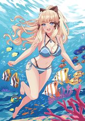  :d absurdres aqua_bikini barefoot bikini black_bow blonde_hair blue_eyes blunt_bangs bow breasts butterflyfish cichilid_(fish) cleavage clownfish commentary_request coral coral_reef elf feet female feng_shao_kky_(arj0522) fish flower full_body hair_flower hair_ornament hairbow highres large_breasts legs long_hair looking_at_viewer navel official_alternate_costume parrot_cichilid pointy_ears ponytail princess_connect! regal_blue_tang saren_(princess_connect!) saren_(summer)_(princess_connect!) smile solo surgeonfish swimsuit toenails toes tropical_fish underwater 