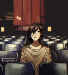  androgynous artist_name black_eyes black_hair carrotsprout english_text expressionless female fire_punch hair_between_eyes hair_over_one_eye highres indoors mole mole_under_eye mole_under_mouth movie_theater open_mouth shirt short_hair sitting solo togata_(fire_punch) tomboy twitter_username 