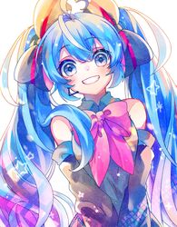  :d absurdres bare_shoulders black_ribbon blue_eyes blue_hair blurry bokeh breasts clenched_teeth colorful commentary_request curly_hair depth_of_field detached_sleeves diamond-shaped_pupils diamond_(shape) eyelashes female flower-shaped_pupils grey_shirt hair_between_eyes hair_over_shoulder hair_ribbon hatsune_miku headset highres leaning leaning_to_the_side light_particles long_hair looking_at_viewer microphone open_mouth pink_ribbon ribbon shaded_face shirayuki_towa shirt simple_background sleeveless sleeveless_shirt small_breasts smile solo sparkle star_(symbol) striped striped_ribbon symbol-shaped_pupils teeth twintails upper_body v_arms very_long_hair vocaloid white_background 