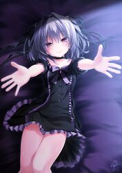  2018 adapted_costume bed_sheet bell black_choker black_dress black_ribbon blush bow breasts brown_eyes c: chaamii choker closed_mouth collarbone commentary cowboy_shot dated_commentary dress eyelashes eyes_visible_through_hair female foreshortening frilled_dress frilled_sleeves frills grey_hair hair_bell hair_between_eyes hair_intakes hair_ornament hair_ribbon hapymaher head_tilt highres incoming_hug jingle_bell lying medium_hair naitou_maia on_back open_hands outstretched_arms puffy_short_sleeves puffy_sleeves purple_bow ribbon short_dress short_sleeves sidelighting signature slit_pupils small_breasts smile solo two_side_up 