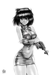  1990s_(style) breasts cleavage covered_navel crossed_arms derivative_work dress energy_gun english_commentary female finger_on_trigger gloves greyscale gun handgun highres holding holding_gun holding_weapon large_breasts long_hair mazaki_anzu monochrome ray_gun retro_artstyle short_dress short_hair skin_tight skindentation sleeveless sleeveless_dress solo the_golden_smurf thighs unzipped weapon white_background yu-gi-oh! yu-gi-oh!_(toei) zipper_pull_tab 