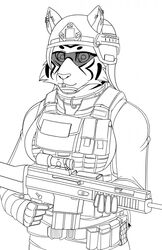  anthro armor breasts bulletproof_vest clothed clothing felid female fur gloves gun handwear headgear helmet hi_res holding_object holding_weapon mammal monochrome pantherine piercing ranged_weapon rifle simple_background smile solo tiger weapon white_background zi0808 