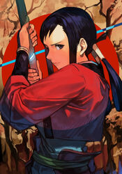  back_turned bakumatsu_rouman bakumatsu_rouman_dainimaku belt black_hair closed_mouth female fingerless_gloves from_side gloves grey_eyes hakama hakama_skirt hand_on_hilt holding holding_sword holding_weapon hungry_clicker japanese_clothes katana kimono long_hair long_sleeves looking_at_viewer scabbard sheath skirt solo sword takane_hibiki twintails unsheathing weapon 