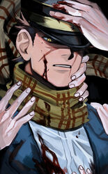  1boy adjusting_clothes adjusting_headwear bad_id bad_pixiv_id blood blood_on_clothes blood_on_face brown_eyes brown_hair glowing glowing_eye golden_kamuy hand_on_another&#039;s_face hand_on_own_head hat highres kepi male_focus military_hat nipples one_eye_covered scar scar_on_cheek scar_on_face scar_on_mouth scar_on_nose short_hair sideburns solo_focus spiked_hair sugimoto_saichi ton_(ton19130318) upper_body yellow_eyes 