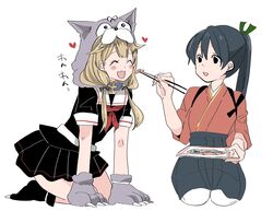  2girls all_fours animal_hands bad_id bad_twitter_id black_eyes black_hair black_hakama black_ribbon black_serafuku black_skirt blonde_hair chopsticks claws closed_eyes feeding full_body gloves hair_flaps hair_ornament hair_ribbon hairclip hakama hakama_skirt highres houshou_(kancolle) japanese_clothes kantai_collection kimono long_hair multiple_girls neckerchief pantyhose paw_gloves pink_kimono pleated_skirt ponytail red_neckerchief ribbon school_uniform seiza serafuku simple_background sitting skirt smile tasuki white_background white_legwear wolf_hood yoichi_(umagoya) yuudachi_(kancolle) yuudachi_kai_ni_(kancolle) 