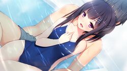  1boy :d akino_subaru black_hair blue_one-piece_swimsuit breasts brother_and_sister collarbone covered_navel dutch_angle female game_cg gin&#039;iro_haruka hair_ornament hairclip long_hair male_swimwear mixed-sex_bathing niimi_yukito niimi_yuzuki one-piece_swimsuit purple_eyes school_swimsuit shared_bathing siblings small_breasts smile swimsuit 