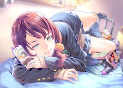  bed book green_eyes honzawa_yuuichirou original phone school_uniform 