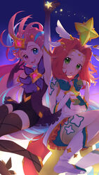  2girls :d :o absurdres arm_up armlet armpits bare_shoulders black_gloves black_shorts blue_background blue_eyes blue_hair bodypaint boots brown_legwear circlet commentary_request dress elbow_gloves forehead frills gloves gradient_background green_eyes harrybeace heterochromia highres knee_boots league_of_legends long_hair looking_at_viewer magical_girl multicolored_hair multiple_girls neeko_(league_of_legends) open_mouth pink_eyes pink_hair round_teeth shorts sleeveless sleeveless_dress smile star_(symbol) star_guardian_(league_of_legends) star_guardian_neeko star_guardian_zoe streaked_hair teeth thighhighs upper_body v very_long_hair white_dress white_footwear white_gloves zoe_(league_of_legends) 