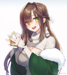  :d blush braid breasts brown_hair cleavage cleavage_cutout clock clothing_cutout coat commentary_request cup disposable_cup earrings eyes_visible_through_hair female fur-trimmed_coat fur_trim green_coat green_eyes green_nails hair_intakes highres holding holding_cup jewelry long_hair long_sleeves looking_at_viewer maven medium_breasts meme_attire mole mole_on_breast mole_under_eye mole_under_mouth nail_polish noixen off_shoulder open-chest_sweater open_clothes open_coat open_mouth original ribbed_sweater round_teeth signature simple_background sleeves_past_wrists smile solo sweater teeth turtleneck turtleneck_sweater upper_body upper_teeth_only watch white_background white_sweater wristwatch 