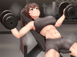  bike_shorts black_shorts black_sports_bra breasts brown_eyes brown_hair exercising female gym kantai_collection leaning_back long_hair midriff navel ponytail shorts sitting solo sports_bra steaming_body sweat tadokoro_nurikabe weightlifting yamato_(kancolle) 