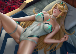  alexander_dinh artist_name bare_shoulders blonde_hair blush breasts chest_jewel choker closed_eyes covered_navel earrings female jewelry large_breasts lips long_hair lying mythra_(radiant_beach)_(xenoblade) mythra_(xenoblade) on_back one-piece_swimsuit parted_lips patreon_logo patreon_username pillow sleeping solo spread_legs strapless strapless_one-piece_swimsuit swept_bangs swimsuit thigh_strap tiara very_long_hair web_address xenoblade_chronicles_(series) xenoblade_chronicles_2 