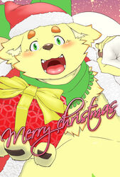  anthro belly bird_dog blush canid canine canis christmas christmas_clothing christmas_headwear clothing cu_sith_(tas) domestic_dog english_text gift_bow giftbox golden_retriever green_eyes hat headgear headwear hi_res holidays hunting_dog lifewonders male mammal nameko_no_neko overweight overweight_male retriever santa_hat solo text tokyo_afterschool_summoners 