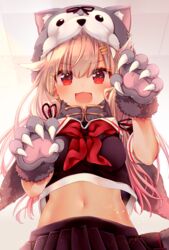  :d black_serafuku black_shirt black_skirt blonde_hair blue_eyes blush breasts claw_pose claws commentary_request female gloves gradient_hair grey_background grey_gloves hair_ornament hairclip hood hood_up kantai_collection konno_kengo long_hair looking_at_viewer low_twintails medium_breasts midriff multicolored_hair navel neckerchief open_mouth pink_hair pleated_skirt red_eyes red_neckerchief school_uniform serafuku shirt short_sleeves skirt smile solo twintails v-shaped_eyebrows very_long_hair wolf_hood yuudachi_(halloween_mode)_(kancolle) yuudachi_(kancolle) yuudachi_kai_ni_(kancolle) 