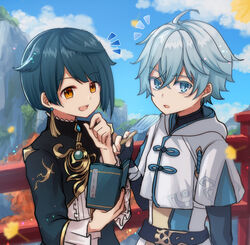  2boys ahoge blue_eyes blue_hair blush book cha0198 chinese_clothes chongyun_(genshin_impact) cloud cloudy_sky commentary_request day earrings fingerless_gloves food frilled_shirt_collar frilled_sleeves frills genshin_impact ginkgo_leaf gloves hair_between_eyes holding holding_book holding_food hood hood_down hooded_jacket jacket jewelry leaf long_sleeves looking_at_viewer male_focus mountain multiple_boys notice_lines open_book open_mouth outdoors popsicle railing short_hair single_earring sky smile tassel tassel_earrings xingqiu_(genshin_impact) yellow_eyes 