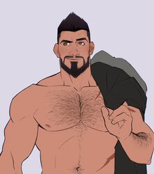  1boy arm_hair bad_id bad_twitter_id bara beard black_hair brown_eyes chest_hair closed_mouth clothes_on_shoulders facial_hair highres inactive_account male_focus mature_male moustache muscular muscular_male pectorals scar seupil_hyugo_(spirohugo) short_hair smile solo the_witcher_(series) upper_body vesemir_of_kaer_morhen 