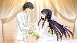  1boy :d akino_subaru black_hair blurry blurry_background brother_and_sister brown_eyes choker collarbone collared_shirt couple cowboy_shot curtains dress elbow_gloves eye_contact female floating_hair fork game_cg gin&#039;iro_haruka gloves grey_necktie grey_vest hair_ornament holding holding_fork holding_plate husband_and_wife jacket long_dress long_hair long_sleeves looking_at_another necktie niimi_yukito niimi_yuzuki pants plate profile purple_eyes shirt short_hair siblings smile straight strapless strapless_dress very_long_hair vest wedding wedding_dress white_choker white_dress white_gloves white_jacket white_pants white_shirt wing_collar 